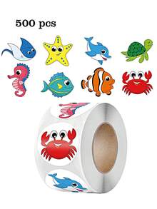 500pcs/Roll Cartoon Ocean Fish Doodle Stickers, 1 Inch Round, 16 Designs Including Crab, Turtle, Fish, Jellyfish, Dolphin, Etc. 2 Styles Available, Suitable For Scrapbooking, Stationery, Teacher Rewards, Envelope Seals, PVC Waterproof Sticker - Multicolor - View 12