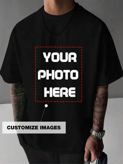 Personlig herr-T-shirt, Anpassad grafisk design, Ladda upp ditt foto/Parfoto/Nära och kära/Husdjur/Bästa vän, Födelsedag/Årsdag/Fars dag/Alla hjärtans dag/Högtidsfoto, Svart t-shirt för män på vår/sommar, Herr avslappnad rundad kortärmad t-shirt, Högtidsgåva