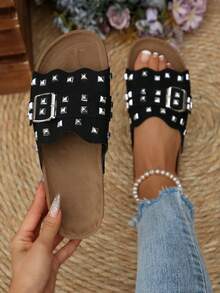 女士新款时尚沙滩凉鞋，木质底平底露趾透气铆钉镶嵌扣装饰优雅百搭舒适户外散步平底凉鞋 - 黑色 - 查看 4