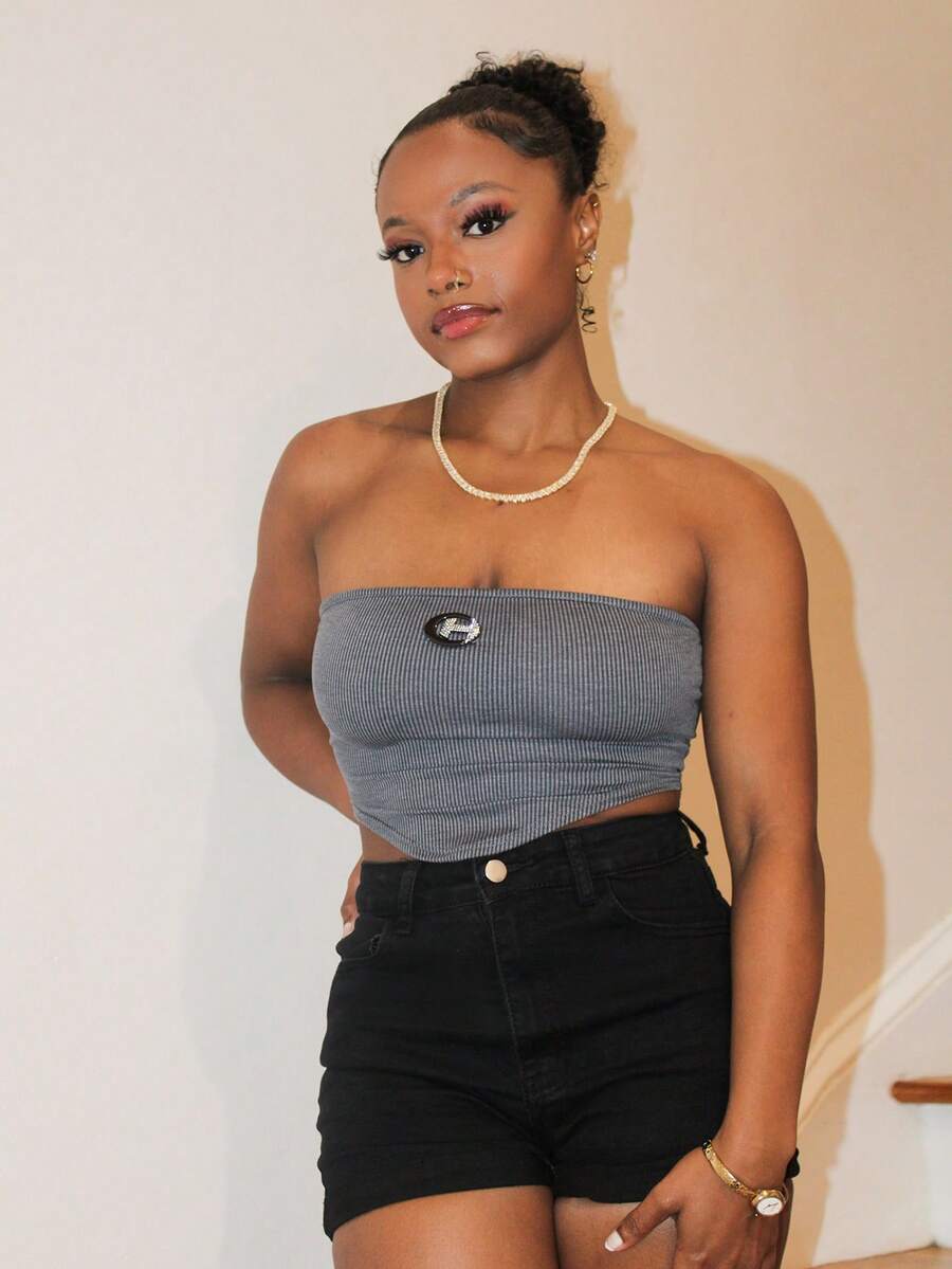 Steph T Ribbed Knit Patch Detail Bandana Hem Crop Tube Top - Dark Grey - View 1
