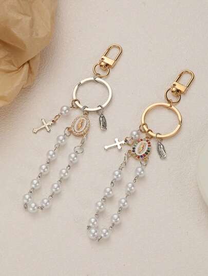 1pc Pearl Rhinestone Cross Virgin Mary Pendant Key Chain, Suitable For Bag Decoration Or As A Gift For Teachers, Family And Friends During The Back-To-School Season Car Accessories Cute Goth Y2k