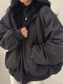 Women's Reversible Oversize Faux Shearling Lined Hooded Jacket Winter Y2K 2 Way Wear Padded Coat - 黑色 - 查看 1