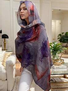 1 件女士夏季轻质树叶和老虎印花围巾，披肩头巾，适合日常生活和旅行 - 多色斑點花紋 - 查看 1