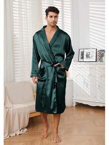 Men's Satin Robe Lightweight,Men's Luxurious Silk Kimono Bathrobe - Dark Green - View 2