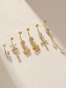 Juego de 6 piezas de anillos de ombligo de acero inoxidable chapados en oro con diseños brillantes de corazón, flor, lazo y cruz, adecuado para mujeres, regalo de cumpleaños, uso diario, fiesta en la playa - Amarillo Oro - Ver 3