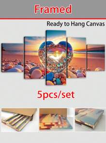 1/5pcs,Large Modern Canvas Art Painting,Dream Beach Love Stone Wall Art With Frame,Valentine's Day Posters,Love,For Bedroom Living Room,Bathroom,Gym,Yoga Studio Decoration,Home Decor,
