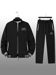 男士春秋立领标语印花长袖夹克和裤子休闲运动套装 - 黑色 - 查看 2