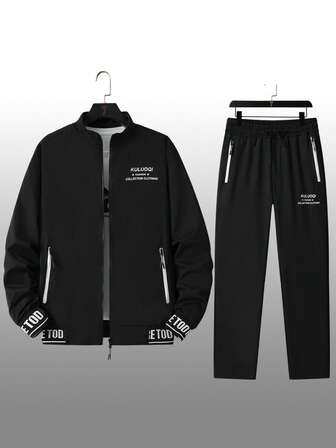 Chaqueta y pantalones de traje deportivo casual con cuello alto, estampado de eslogan y manga larga para hombres en primavera/otoño