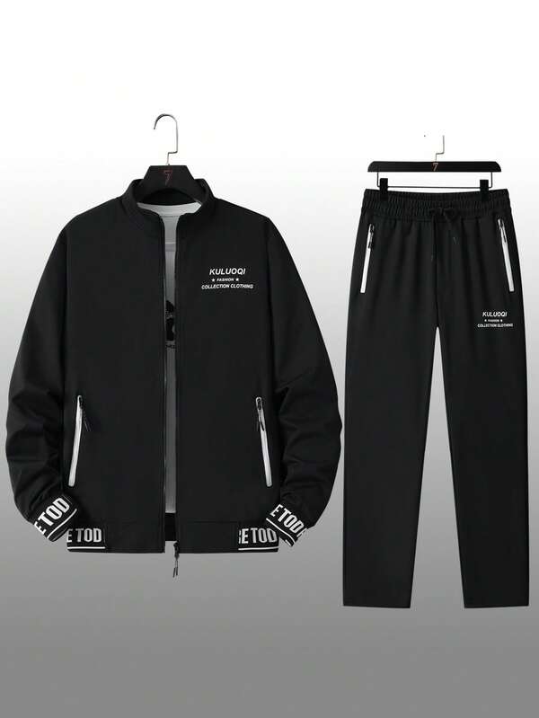 Herren Frühling/Herbst Stehkragen Jacke mit Slogan Muster und Lange Hose Lässig Sportanzug