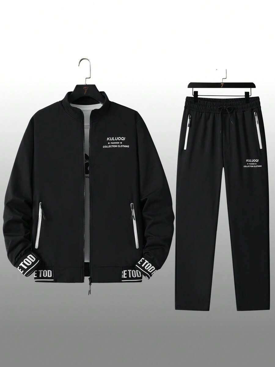 男士春秋立领标语印花长袖夹克和裤子休闲运动套装