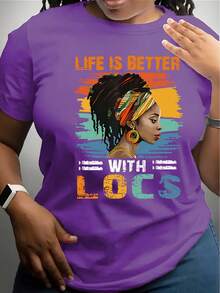 Camiseta de Manga Corta para Mujeres 100% Algodón, Ajuste Holgado, 200g, 1 Pieza, Retrato Femenino Africano y Estampado de Patrón "LOCs Make Life Better", Cuello Redondo, Cómoda para Todas las Estaciones, Ajuste Holgado, Adecuada para Verano y Primavera, Simple, Top Casual para Mujeres, Ropa Casual - Negro - Ver 6
