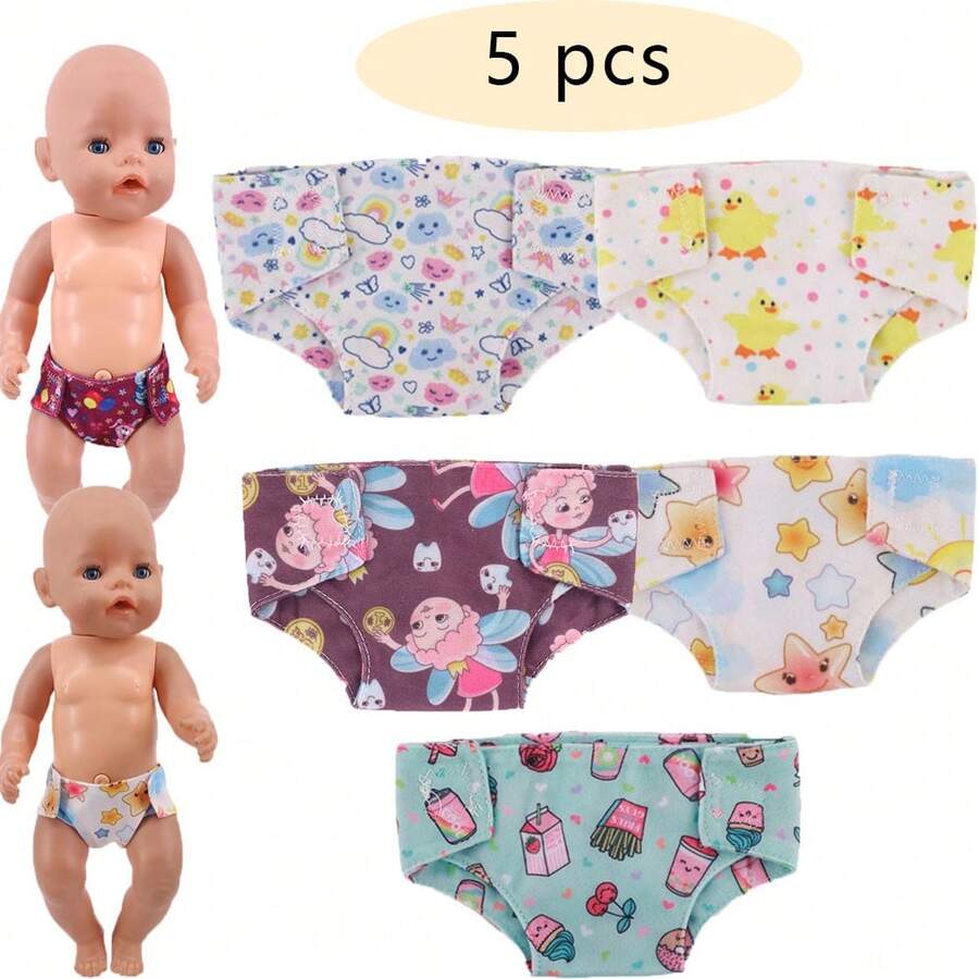 5 chiếc tã vừa vặn với búp bê 18 inch, quần lót búp bê móc dễ mặc với họa tiết hoạt hình dễ thương, phụ kiện búp bê đáng yêu làm quà tặng tuyệt vời cho sinh nhật hoặc ngày lễ cho bé trai và bé gái - Nhiều màu - Xem 1