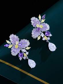 1 Par de Brincos Longos Pendentes com Flor e Folha Roxa de Zircônia Cúbica, Joia de Prata com Zircônia Cúbica para Mulheres, Adequado para Noivas, Noivado, Casamento, Banquete, Festa, Formatura, Madrinhas, Presente de Natal