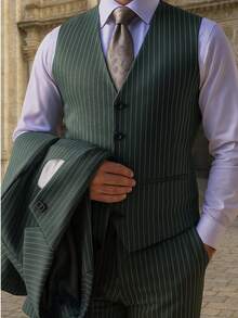 Mens Striped Suit Formal Business Wedding Prom Suit Pinstripe Male Groom Tuxedo Notched Lapel, Blazer+Vest+Pant, Modern Fit Wedding Party Dinner Formal, Long Sleeves - 墨綠色 - 查看 3