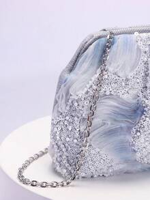 1pc Colorful PVC Sequin Flower Pattern Hemp Fabric Mesh Embroidery Ruched Clutch Bag, Shiny Sparkly Evening Handbag For Women, Casual Holiday Party (Flower Sequin Pattern Randomly Sent) - Baby Blue - View 10