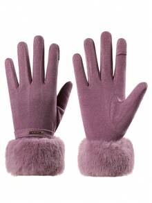 1 双女士保暖手套，人造毛皮袖口保暖内衬，防风，纯色，冬季配饰 - 彩色 - 查看 15