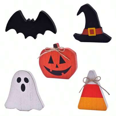 1 Stück süße Halloween Holzdekoration, Halloween Etagere Dekorationen für Innenräume mit Kürbis, Hut, Süßigkeiten, Fledermaus, Geist Tischaufsteller Halloween Tischdekoration für Party Zuhause