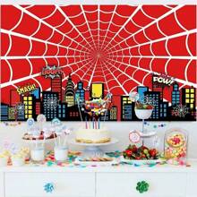 1 pièce Bannière de fond de photographie Toile d'araignée rouge pour soirée, paysage urbain de super-héros de dessin animé. Convient pour la décoration de fête d'anniversaire, de table de gâteau, de photomaton. Polyvalent, multi-taille.