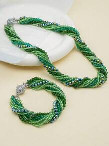 Esbbela 2pcs Luxurious Multi-Layer Acrylic Crystal Necklace And Bracelet Set For Women, Reversible, Black, Red, Champagne, Green, Dark Brown, Blue, Purple, Suitable For Daily Wear, Parties, Engagement, Wedding, Holidays, Birthday Gifts