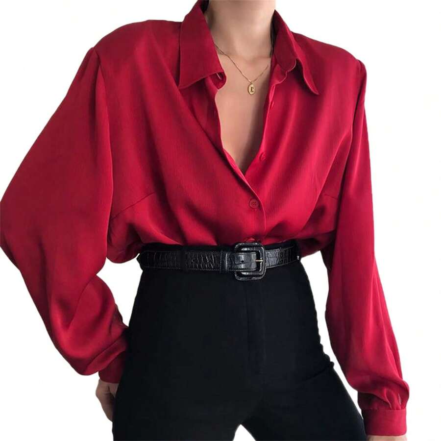 Womens Button Down Shirts Dress Shirts Long Sleeve Collared Work Office Solid Blouses Tops - Red - View 1