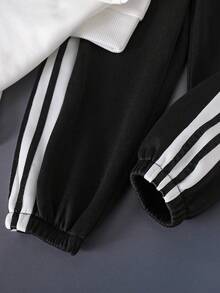 青少年男孩卡通图案印花保暖圆领运动衫和撞色腰带慢跑裤套装 - 白色 - 查看 6