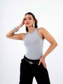 Women's Ribbed Cotton Tank Top Summer Blogger Fashion - Grey - View 4