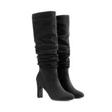 Women's Knee-High Boots, Comfortable Chunky Block Heel Pointed Toe Pull On Side Zipper Suede Slouch Riding Boots - Black-sUEDE - View 5