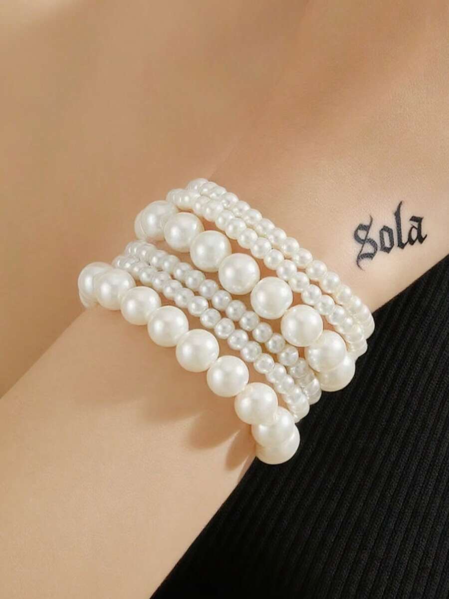 6 件时尚魅力玻璃仿珍珠串珠手链，优雅多层弹性手链，适合女孩 - 白色 - 查看 1