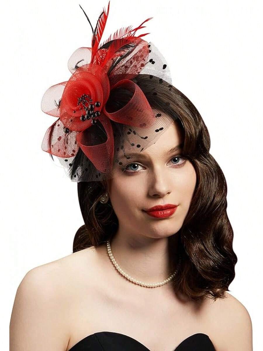 Derby Fascinators Women High Tea Party Hat Wedding Cocktail Flower Headware With Mesh And Feathers - Black & Red - View 1