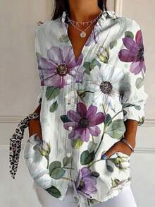 Plus Size Women's Long Sleeve Button-Up Shirt, Solid Color & Ditsy Floral, Casual & Comfortable