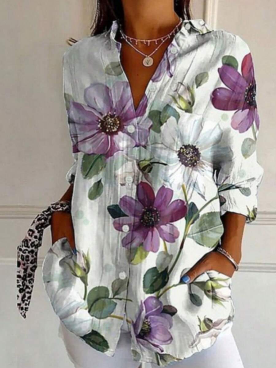 Plus Size Women's Long Sleeve Button-Up Shirt, Solid Color & Ditsy Floral, Casual & Comfortable