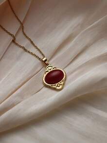 1 件复古欧洲宫廷风格奢华 18K 镀金不锈钢椭圆形吊坠项链，镶嵌深红色宝石，防过敏，适合日常佩戴、派对、礼物