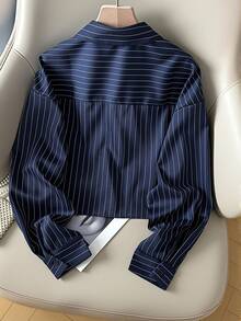 Women's Casual Versatile Striped Long Sleeve Single-Breasted Collared Shirt - Navy - View 2