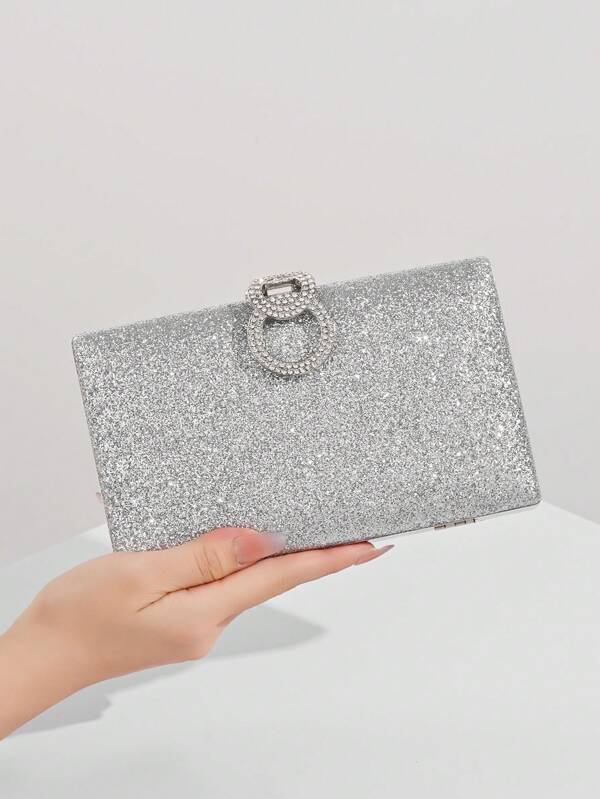 1 pieza Bolso de noche elegante para mujer con cierre metálico redondo con diamantes y strass, forma cuadrada compacta y elegante con lentejuelas, adecuado para cóctel, boda, baile de graduación