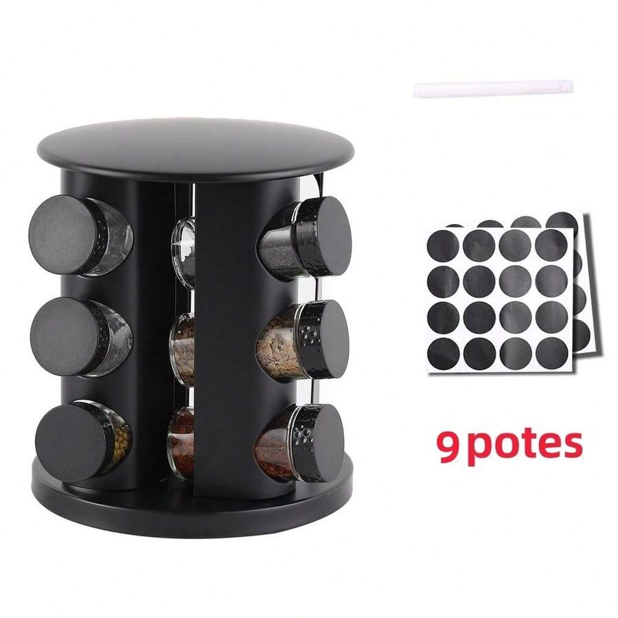 Belifou Rotating Spice Rack With 16 Glass Jars And Measuring Lid Black - 9 Pots - View 1