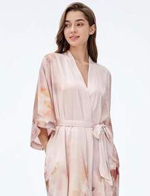 Women's Long Satin Silky Kimono Robe - Japanese Bathrobe Nightgown Loungewear Blouse - 玫瑰香檳 - 查看 4