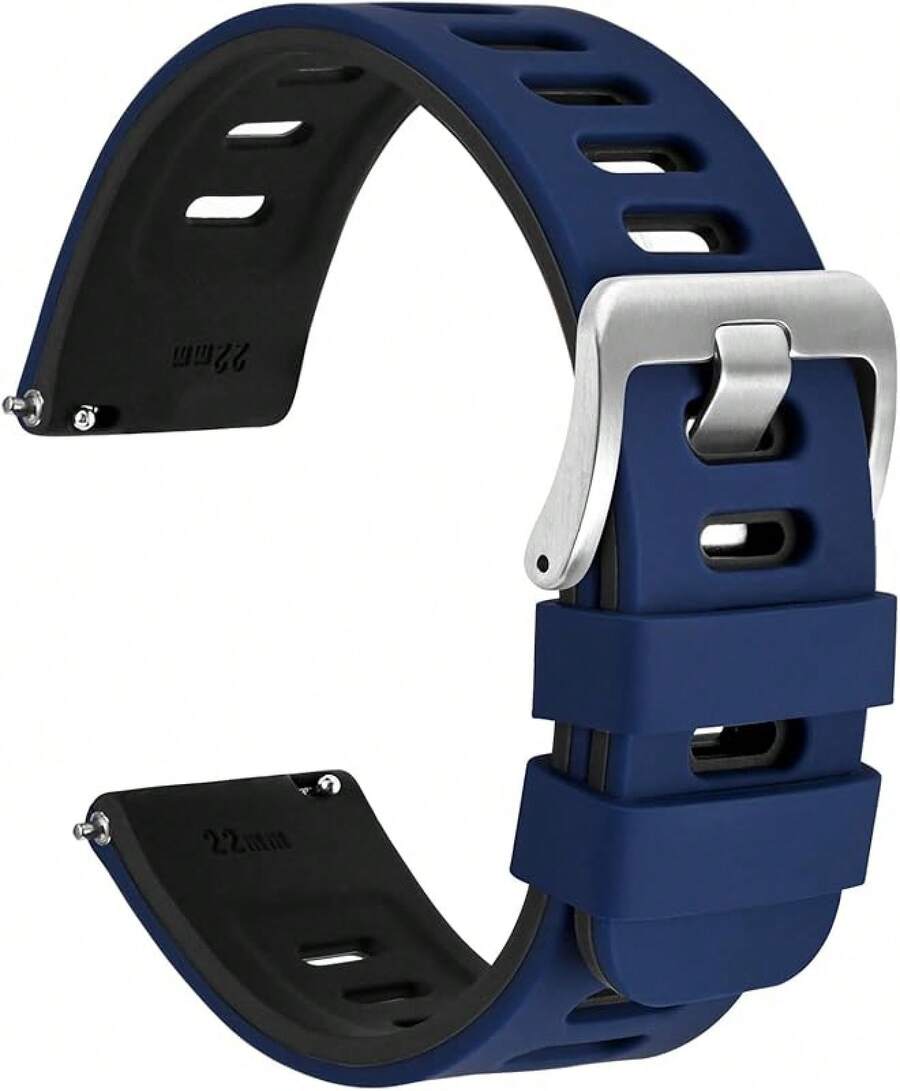 Correa de Reloj Bicolor de 22mm, Goma de Silicona, Correa de Reemplazo de Liberación Rápida para Hombres y Mujeres, Hebilla de Acero Inoxidable Plateada (Negro-Gris) - Azul-Negro (Hebilla Plateada) - Ver 1