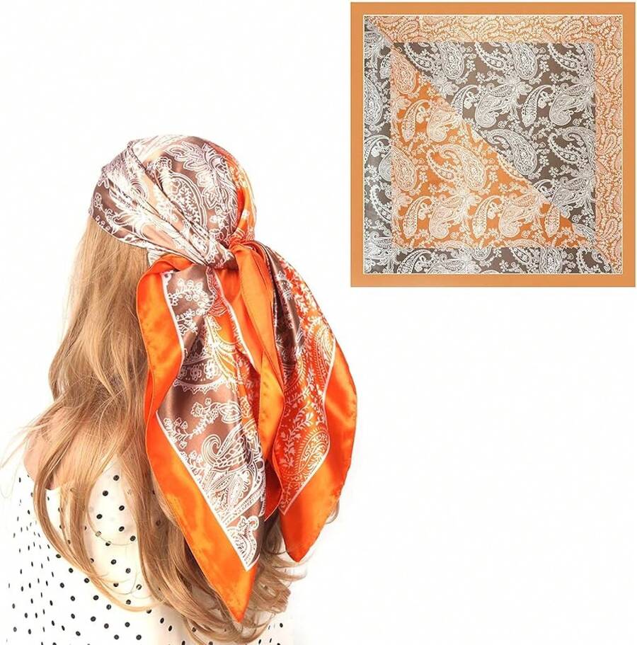 35 Inches Silk Head Scarf-Satin Hair Scarves Silk Bandana Scarf Headscarf For Women's Fashion Scarveshalloween - 橘子皮腰果 - 查看 1