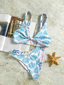 Sultry Sol Bộ bikini đi biển mùa hè 2 món cho nữ, thiết kế in họa tiết đại dương hai mặt, có thể đảo ngược, áo bơi xoắn dây rộng và quần bơi cạp giữa, thích hợp cho tiệc hồ bơi và kỳ nghỉ ở bãi biển - Xanh và trắng - Xem 3