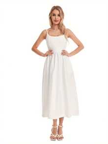 Women's Summer Midi Dress Solid Color Sleeveless Backless Party Dress Spaghetti Strap Beach Dress - 白色 - 查看 5
