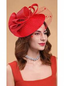 Derby Fascinators Women High Tea Party Hat Wedding Cocktail Flower Headware With Mesh And Feathers - Z-f0271-red - View 3