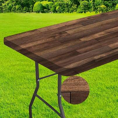 1pc Elastic Edge Tablecloth With Realistic Wood Grain Texture - Durable Polyester Rectangular Tablecloth For Indoor/Outdoor Use, Spill-Proof Kitchen Table Protector, Picnic And Patio Furniture Accessory, Stylish Dining Table Decor | Woven Fabric