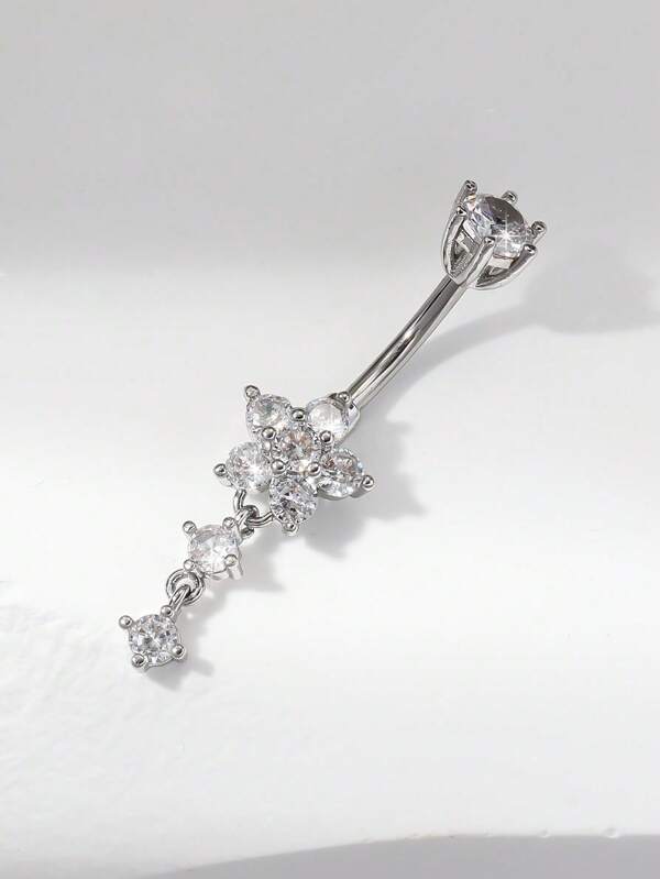 1 pieza Anillo de botón del vientre de flores de cobre chapado en plata con zirconia, adecuado para mujeres, ideal para el Día de San Valentín, Navidad, Halloween, fiestas, cumpleaños, uso diario
