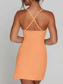 Women's White Ruched Slit Fitted Bodycon Strap Mini Dress, Suitable For Party, Date, Vacation And Other Occasions Elegant Summer - Orange - View 6