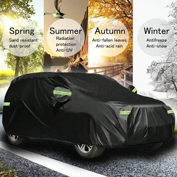 Capa de carro com proteção total para 4 estações, tecido Oxford 190T revestido em prata, preto, adequada para sedãs (400-580 cm), à prova d'água, anti-UV, resistente a rasgos, faixas refletivas, durável e anti-riscos