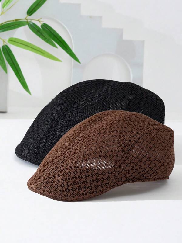 2pcs Men's Cap Set: Solid Color Hollow Out Beret Hat, Summer Breathable Visor Cap, Retro British Style Short Brim Hats, Unisex Fashion Personality Casual Commuting Travel Outdoor Sports Caps