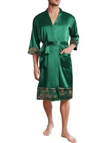 Mens Satin Robe Lightweight Silky Kimono Bathrobe 3/4 Sleeve Spa Knee Length Loungewear With Pockets S-3XLhalloween - Green-pattern - View 1