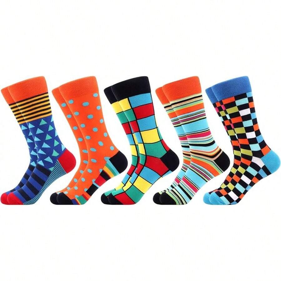 Men's Funny Novelty Crazy Pattern Dress Socks For Gifts - Red-orange/Blue/Multicolor Geometric-5m - View 1