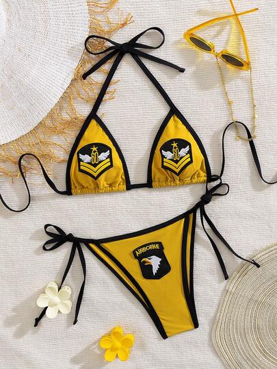 Women's Camo Bikini Top, Elegant And Cute With Contrast Trim On Cups, Tie Front, Suitable For Beach, Vacation, Stage And Concert