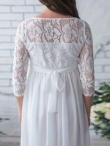 Pregnant Women Lace Dress, Maternity Maxi Gown Photography Clothes, 3/4 Sleeve Wedding Party Dress - 白色 - 查看 2